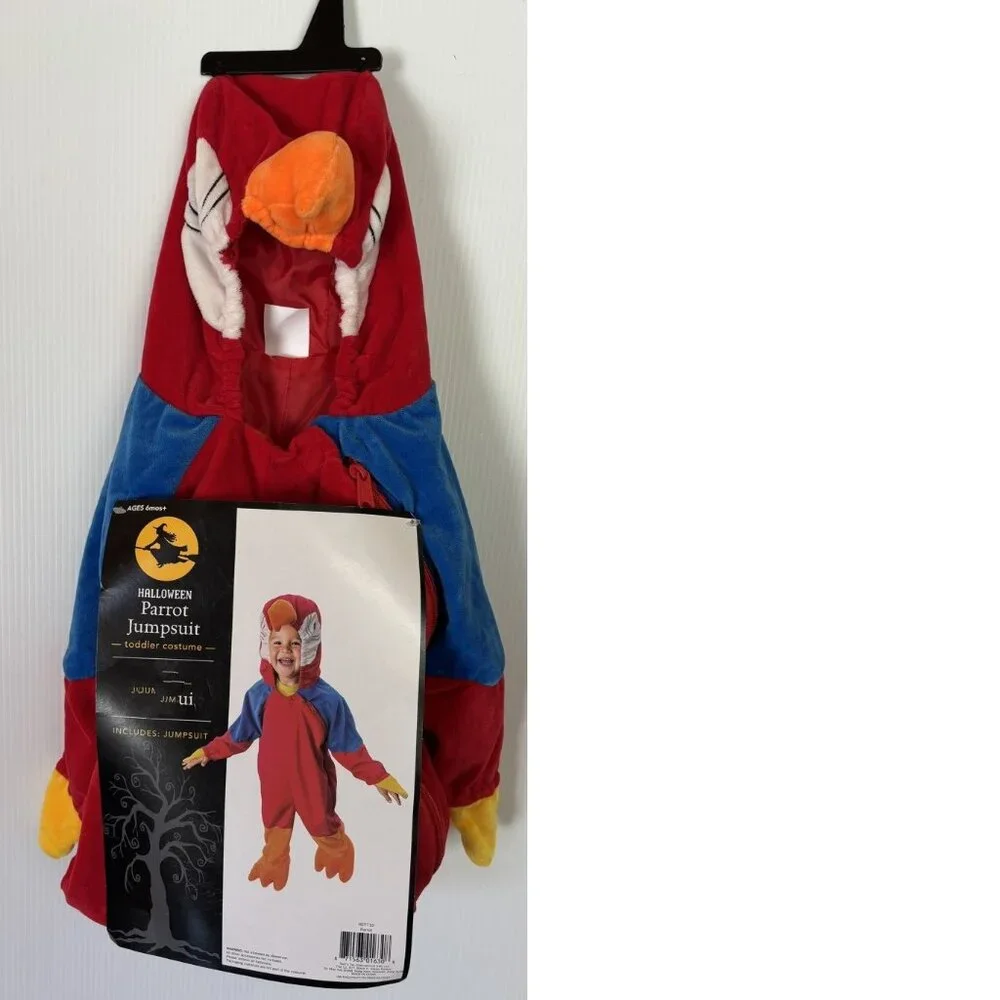 Parrot Bird Halloween Costume 6/12 mths Red 1 Piece Hooded Jumpsuit Unisex Baby